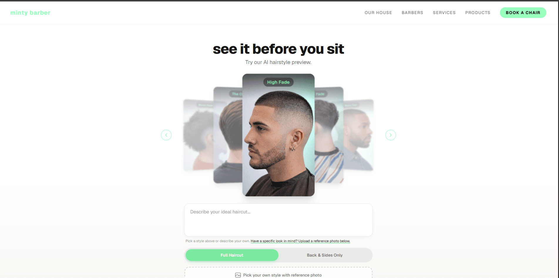 AI hairstyle try-on demo interface for Minty Barber
